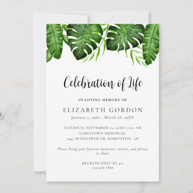 Invitation Célébration de la vie Tropical Monstera Mémorial (Devant)