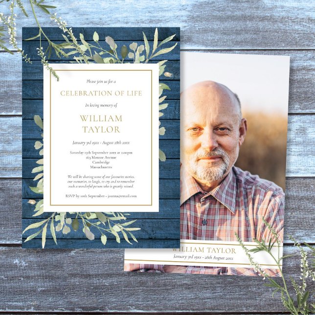 Invitation Célébration de la vie végétation rustique Photo Fu (Rustic Greenery Celebration of Life Photo Funeral Invitation)