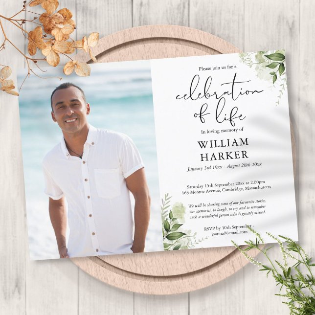 Invitation Célébration de la vie verdure funéraire photo (Celebration of Life Greenery Funeral Photo Invitation)