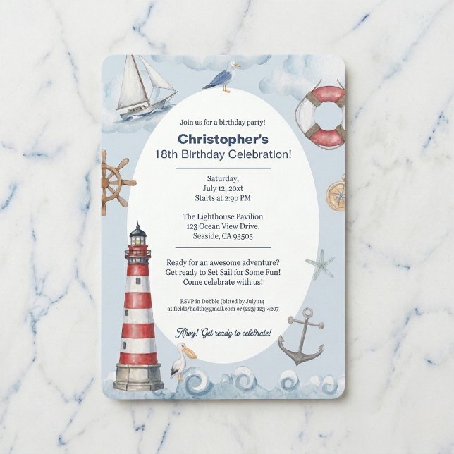 Invitation Célébration de l'anniversaire du phare côtier (Classic nautical party vibes.)