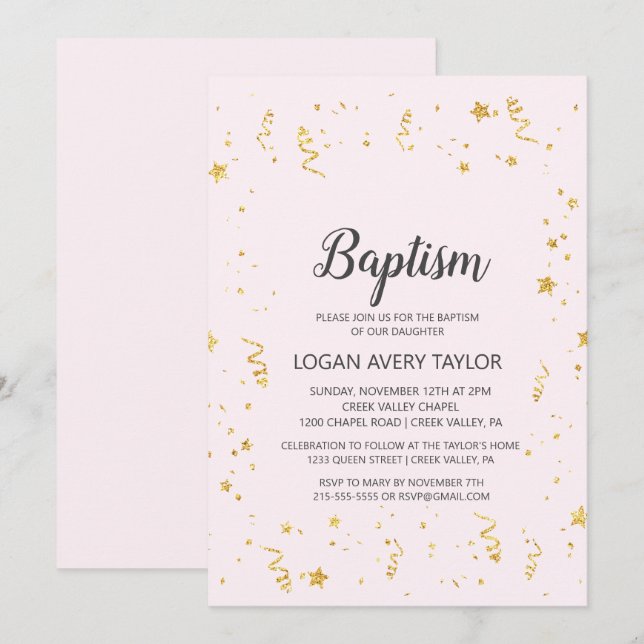 Invitation Célébration de l'or sur le baptême rose (Devant / Derrière)