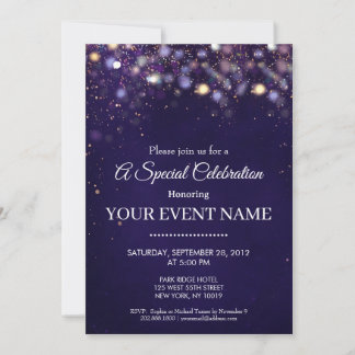 Invitation Célébration de lumières bokeh violet et or élégant