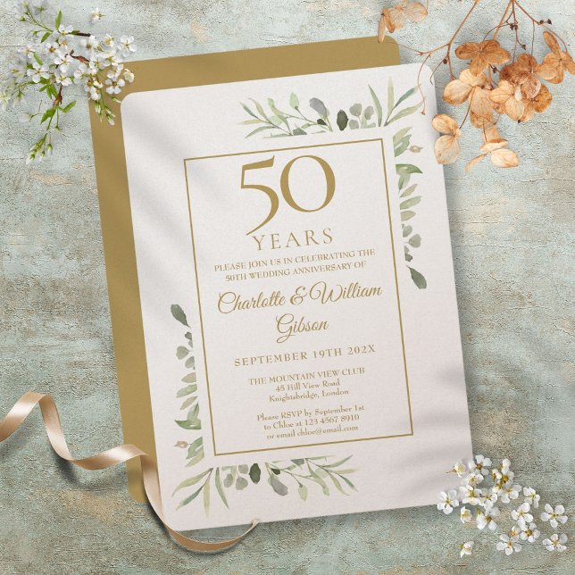 Invitation Célébration de luxe du 50e anniversaire de mariage (Luxury 50th Golden Wedding Anniversary Greenery Invitation)