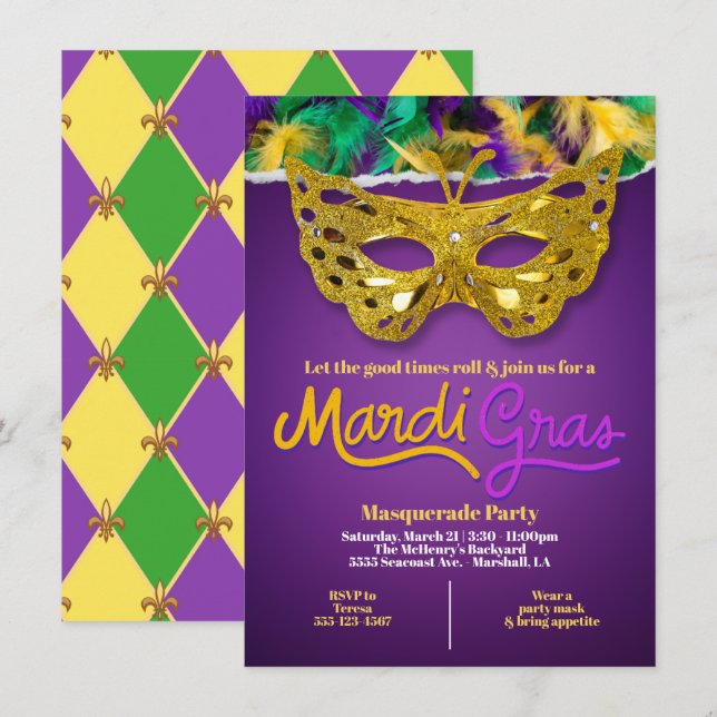 Invitation Célébration de Mardi Gras masqué doré (Devant / Derrière)