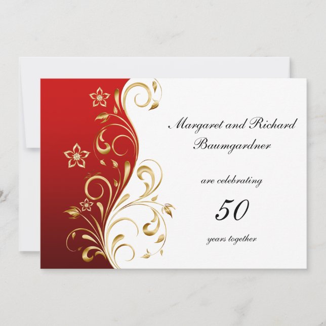 Invitation Célébration de mariage 50 ans Tourbillons Rouge Or (Devant)