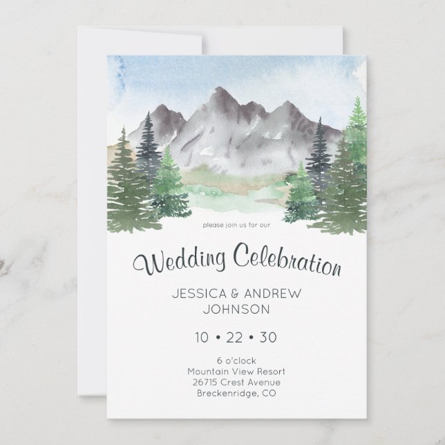 Invitation Célébration de mariage à l'aquarelle de montagne (Devant)
