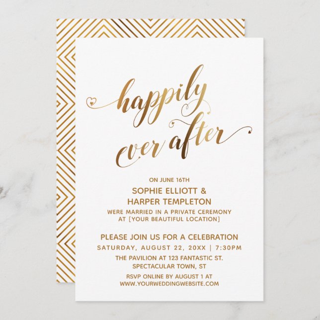 Invitation Célébration de mariage après la noce, Gold Happily (Devant / Derrière)