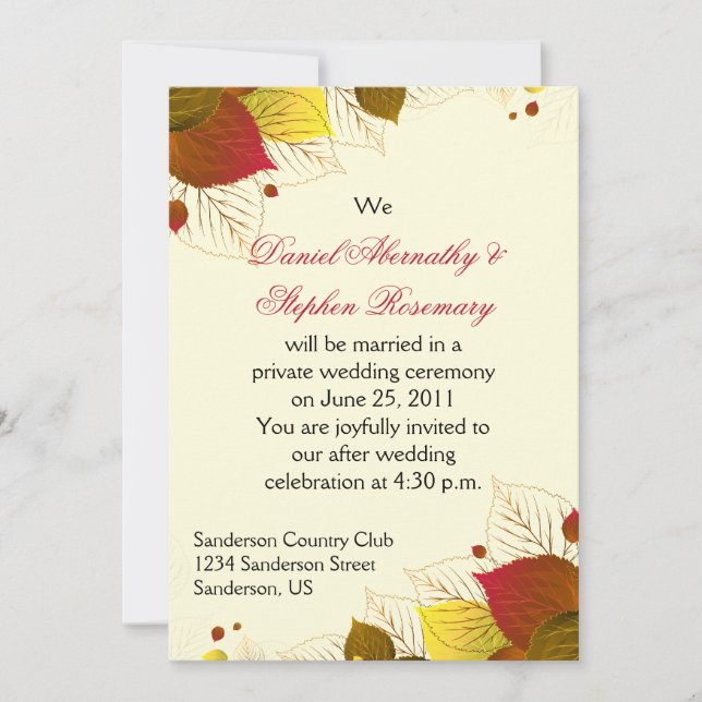 Invitation Célébration de mariage automnal avec feuilles d'au (Devant)