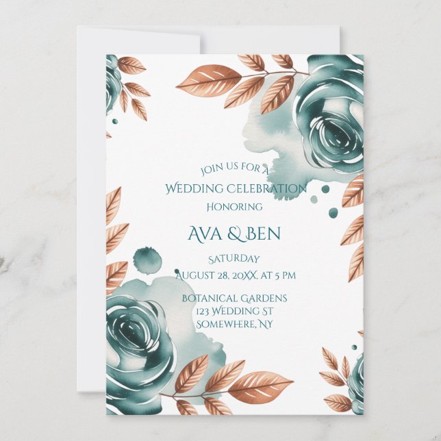 Invitation Célébration de mariage aux roses sarcelles et feui (Devant)