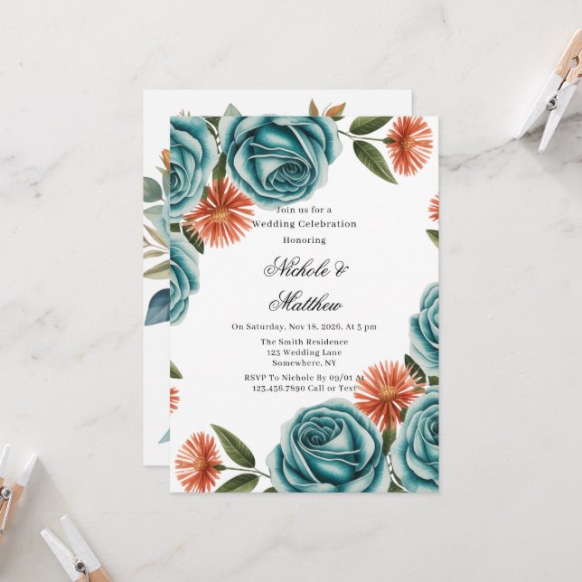 Invitation Célébration de mariage aux roses sarcelles et fleu (Devant/Arrière en situation)