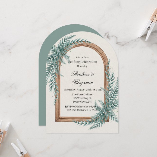 Invitation Célébration de mariage avec arche en bois et verdu (Devant/Arrière en situation)