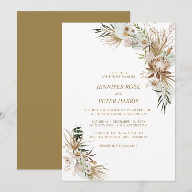 Invitation Célébration de mariage bohème botanique vert et or (Devant / Derrière)