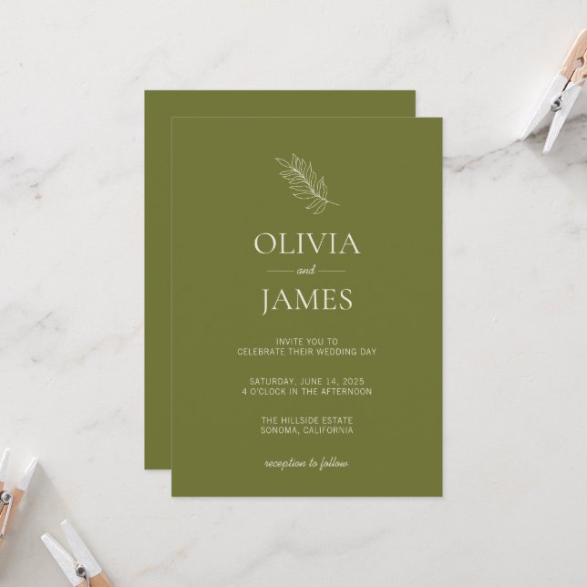 Invitation Célébration de mariage botanique vert olive (Devant/Arrière en situation)