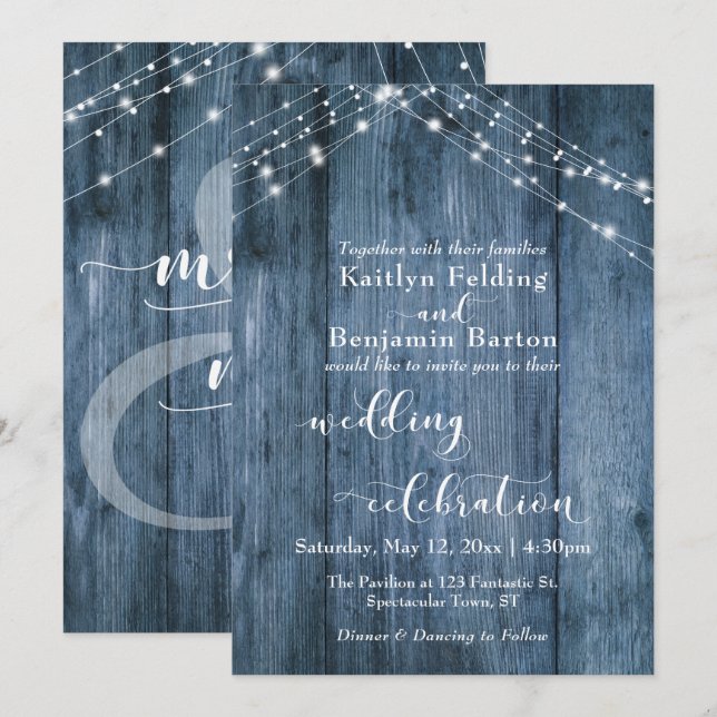 Invitation Célébration de mariage calligraphie Bois Bleu & Lu (Devant / Derrière)