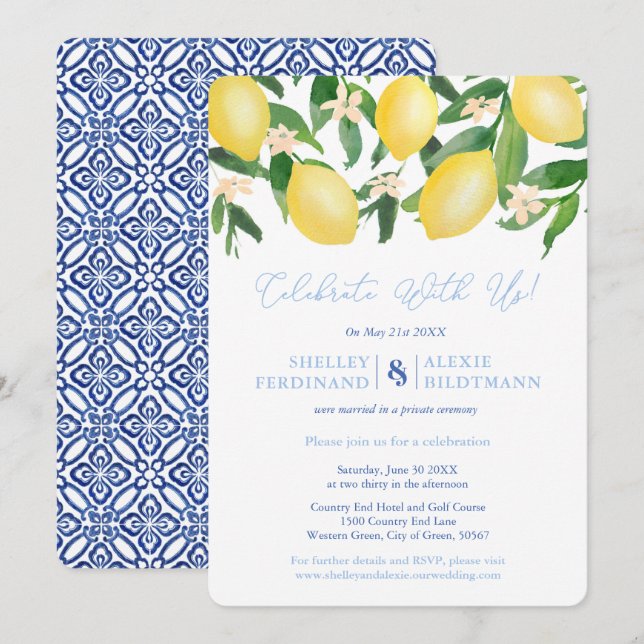 Invitation Célébration de mariage Capri Lemons Carreaux Bleus (Devant / Derrière)
