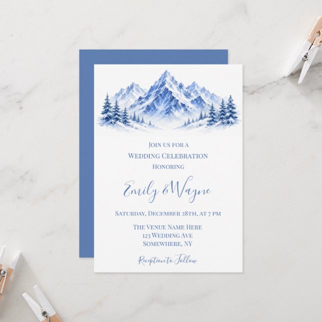 Invitation Célébration de mariage dans les montagnes enneigée (Devant/Arrière en situation)