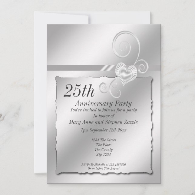 Invitation Célébration de Mariage d'Argent Cœur (Devant)