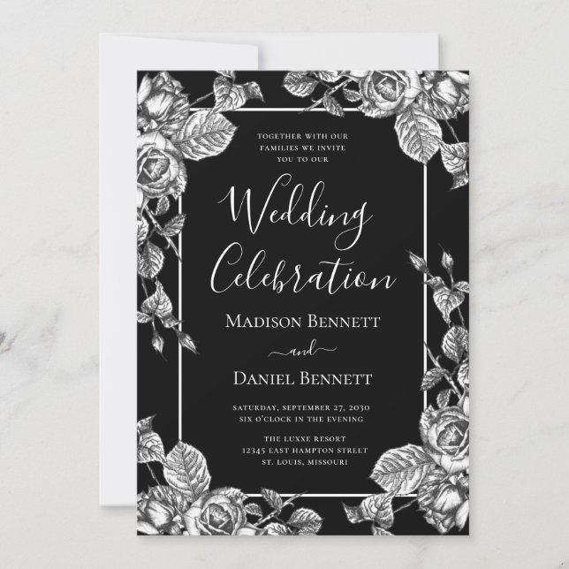 Invitation Célébration de mariage élégante florale noir et bl (Devant)