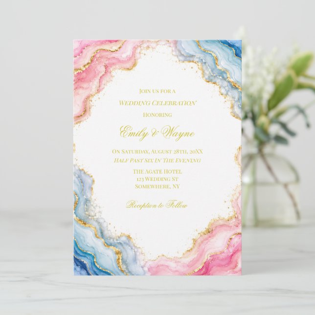 Invitation Célébration de mariage en agate rose bleu or (Debout devant)