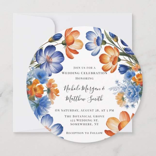 Invitation Célébration de mariage floral bleu cobalt et orang (Devant)