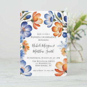 Invitation Célébration de mariage floral bleu cobalt et orang