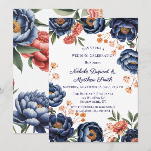 Invitation Célébration de mariage floral bleu marine et orang