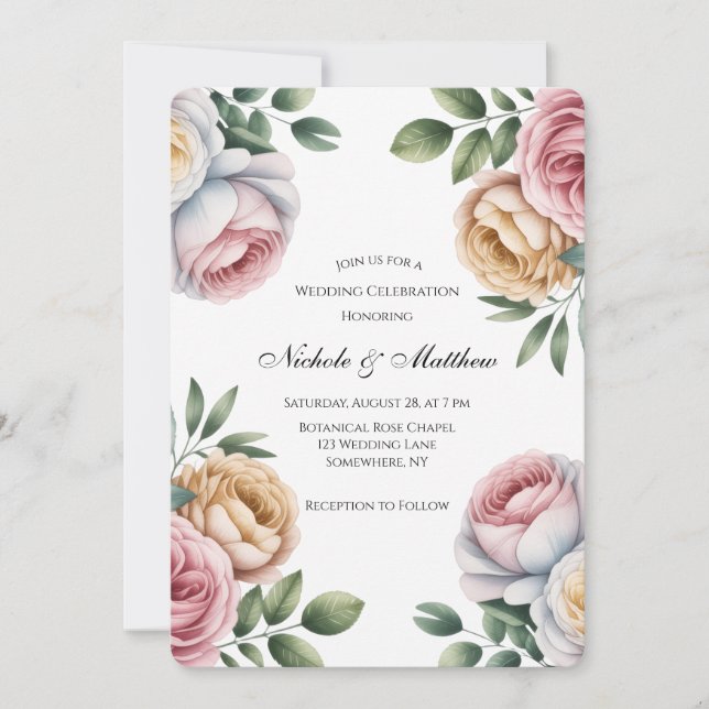 Invitation Célébration de mariage floral Rose et Fardée  (Devant)