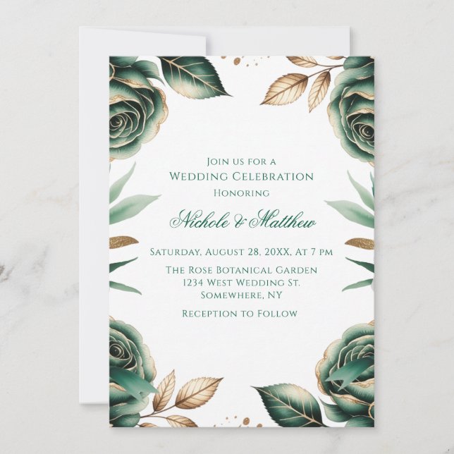 Invitation Célébration de mariage floral vert émeraude et or (Devant)