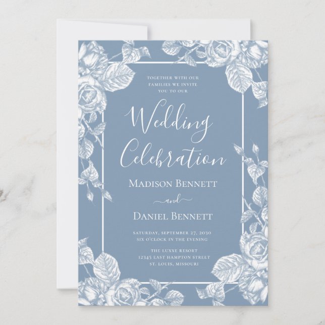 Invitation Célébration de mariage florale bleu poussiéreux (Devant)