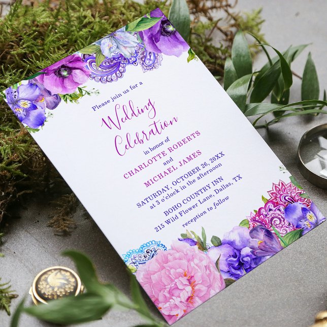Invitation Célébration de mariage florale rose violet Paisley (Créateur téléchargé)