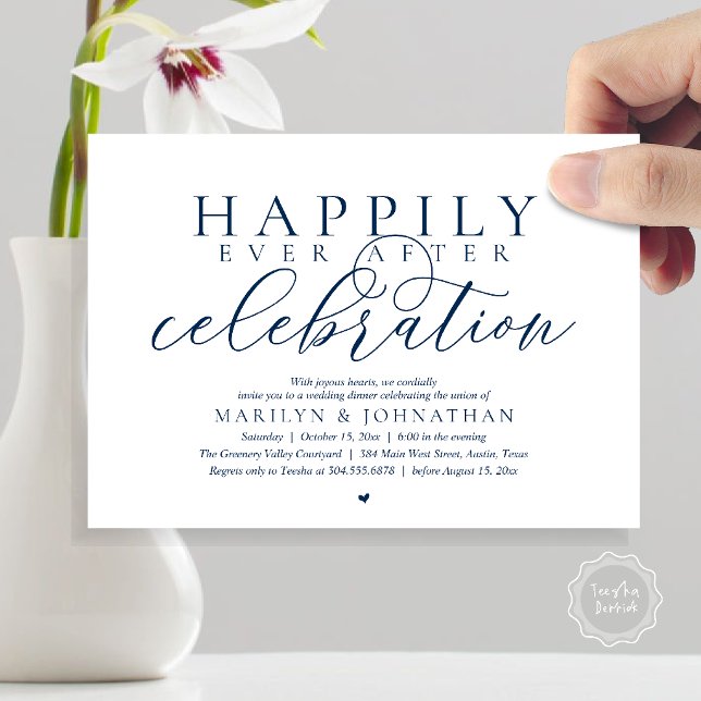 Invitation Célébration de mariage moderne et heureux pour tou (Happily Ever After Modern Wedding Celebration Dinner Brunch, Lunch, Invites Card in Navy Blue)