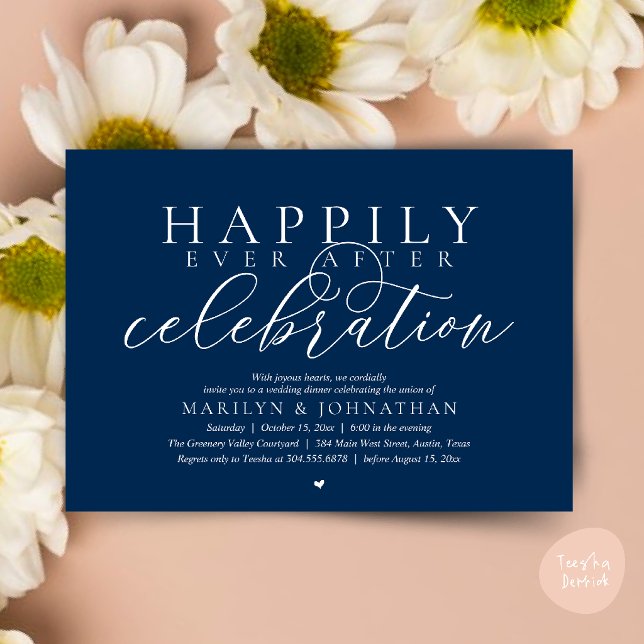 Invitation Célébration de mariage moderne et heureux pour tou (Happily Ever After Modern Wedding Celebration Dinner Brunch, Lunch, Invites Card in Navy Blue)