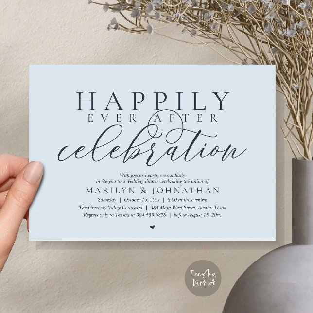 Invitation Célébration de mariage moderne et heureux pour tou (Happily Ever After Modern Wedding Celebration Dinner Brunch, Lunch, Invites Card in Misty Blue)
