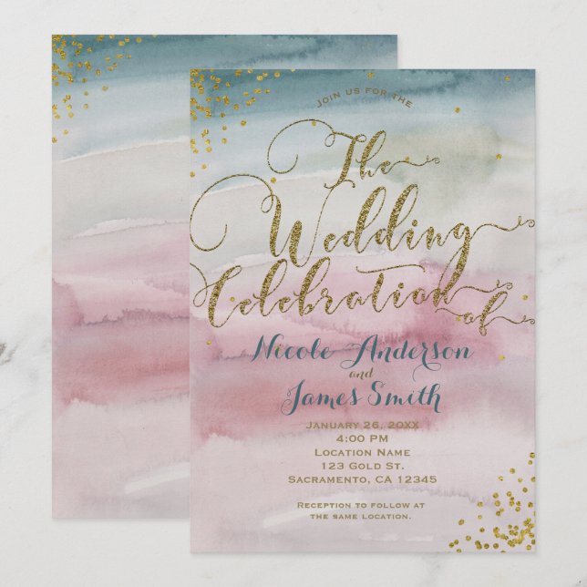 Invitation Célébration de mariage moderne glamour aquarelle o (Devant / Derrière)