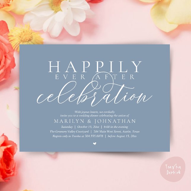 Invitation Célébration de mariage moderne pour un bonheur éte (Happily Ever After Modern Wedding Celebration Dinner Brunch, Lunch, Invites Card in Dusty Blue)