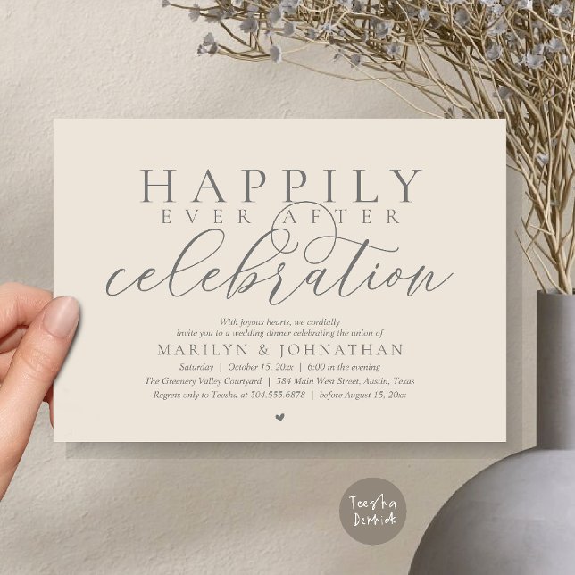 Invitation Célébration de mariage moderne pour un bonheur éte (Happily Ever After Modern Wedding Celebration Dinner Brunch, Lunch, Invites Card in Cream Grey)