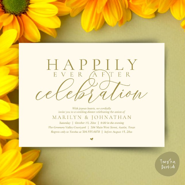 Invitation Célébration de mariage moderne pour un bonheur éte (Happily Ever After Modern Wedding Celebration Dinner Brunch, Lunch, Invites Card in Yellow Gold)