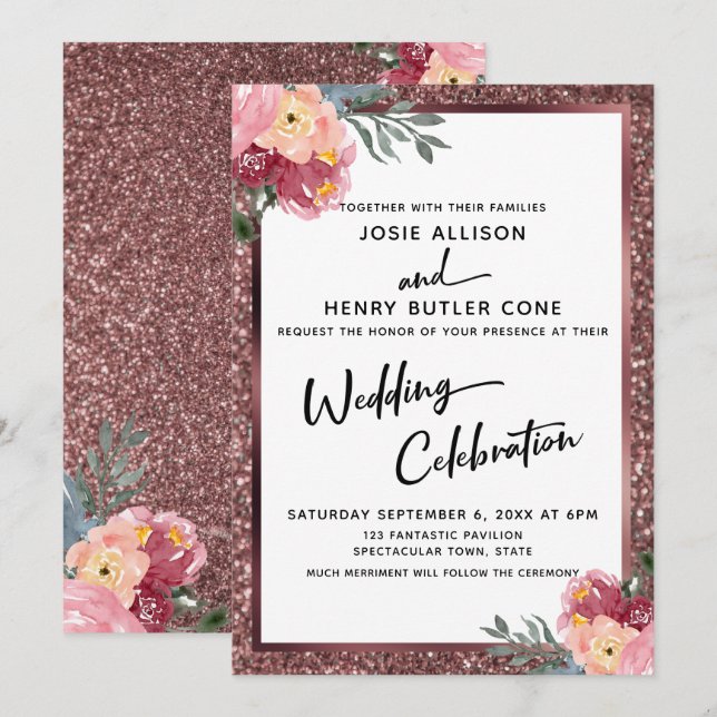 Invitation Célébration de mariage moderne Rose Gold Floral (Devant / Derrière)