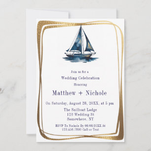 Invitation Célébration de mariage nautique voilier bleu et or