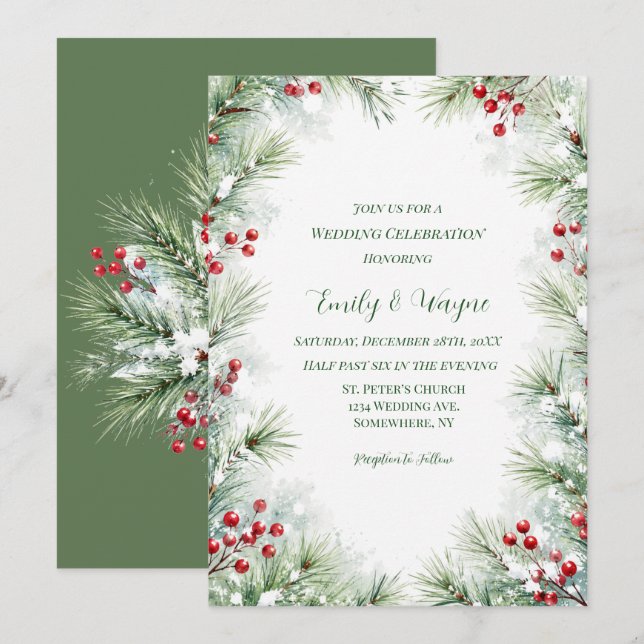 Invitation Célébration de mariage Pin d'hiver et baie rouge (Devant / Derrière)