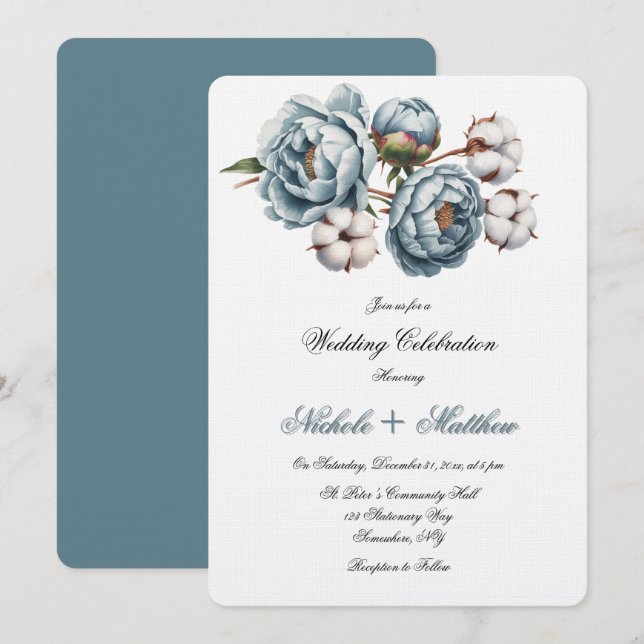 Invitation Célébration de mariage Pivoine et Coton Bleu Pouss (Devant / Derrière)