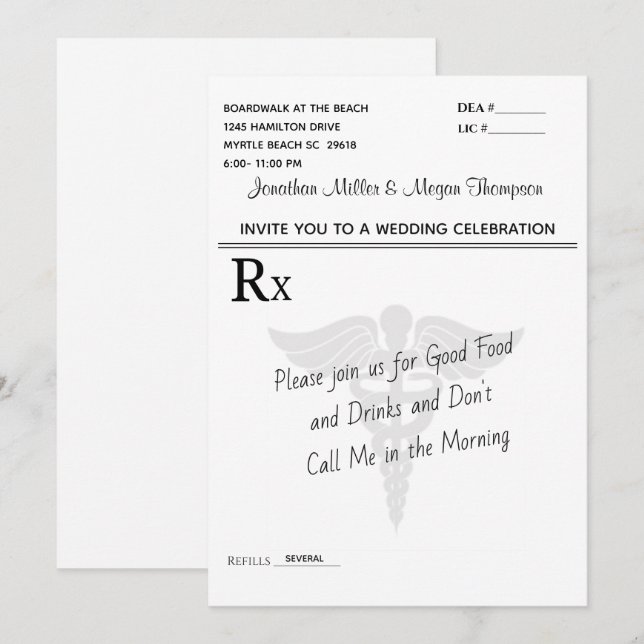 Invitation Célébration de mariage sur bloc de prescription mé (Devant / Derrière)