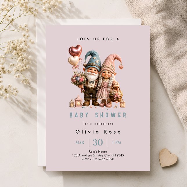 Invitation Célébration de naissance de bébé fille Gnome Rose (Créateur téléchargé)