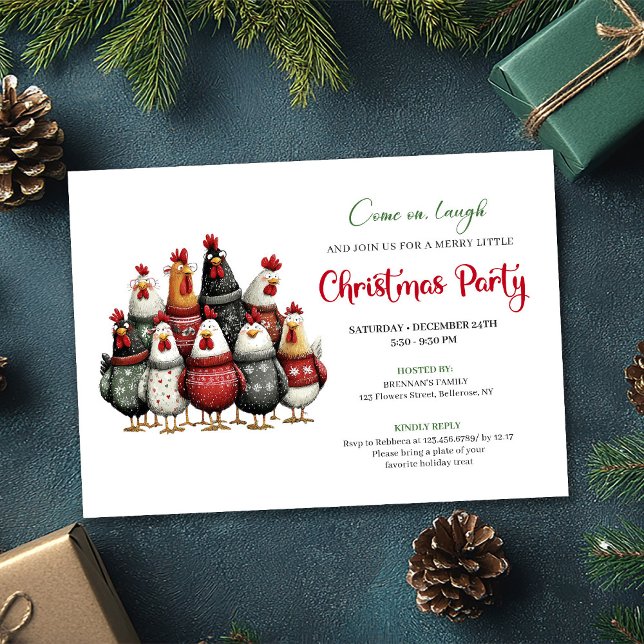 Invitation Célébration de Noël à l'aquarelle de poules excent (Quirky Chickens Watercolor Christmas Celebration Card)