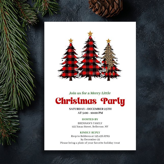 Invitation Célébration de Noël fantaisiste à carreaux rouges  (Whimsical Red Black Plaid Christmas Celebration)