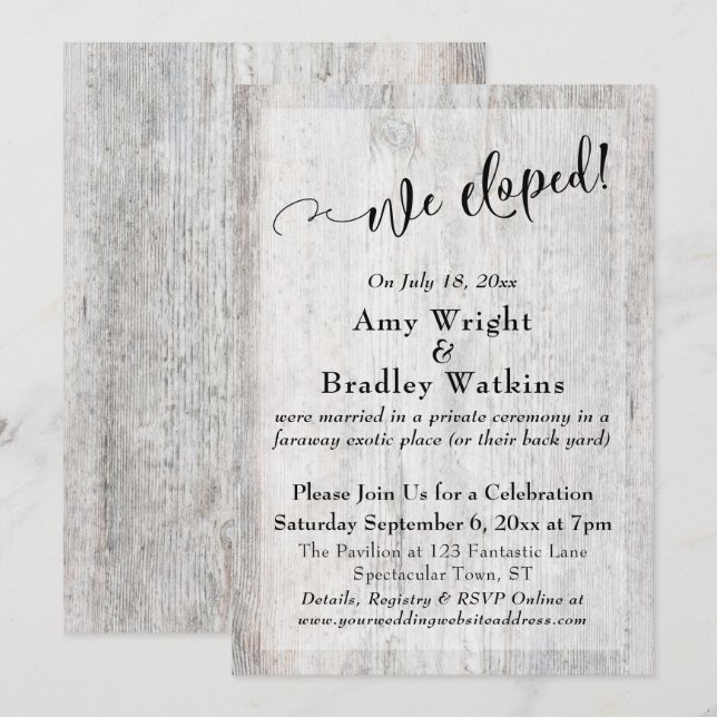 Invitation Célébration de notre mariage intime en bois gris v (Devant / Derrière)