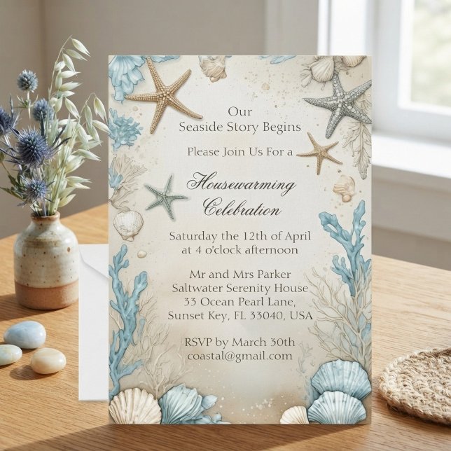 Invitation Célébration de pendaison de crémaillère dans une m (Coastal Beach Beige Sand Housewarming Celebration Invitation)