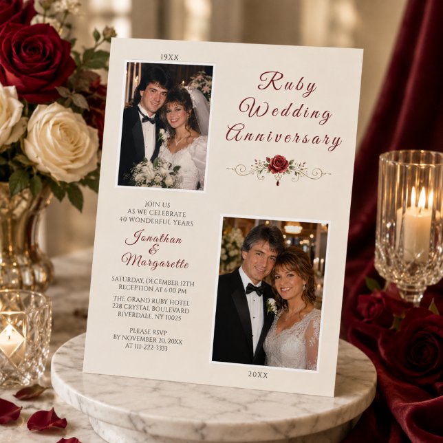 Invitation Célébration de photo d'anniversaire de mariage rub (A timeless ruby anniversary invitation designed to celebrate 40 beautiful years together.)