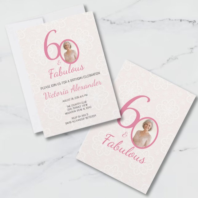 Invitation Célébration de photo florale rose pour 60 ans (60th Birthday Pink Floral Photo Celebration Invitation)