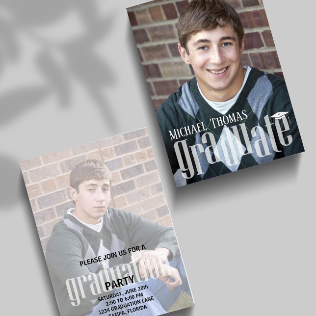 Invitation Célébration de photos de fête de remise de diplôme (Modern graduation party photo card with bold typography and portrait focus. )